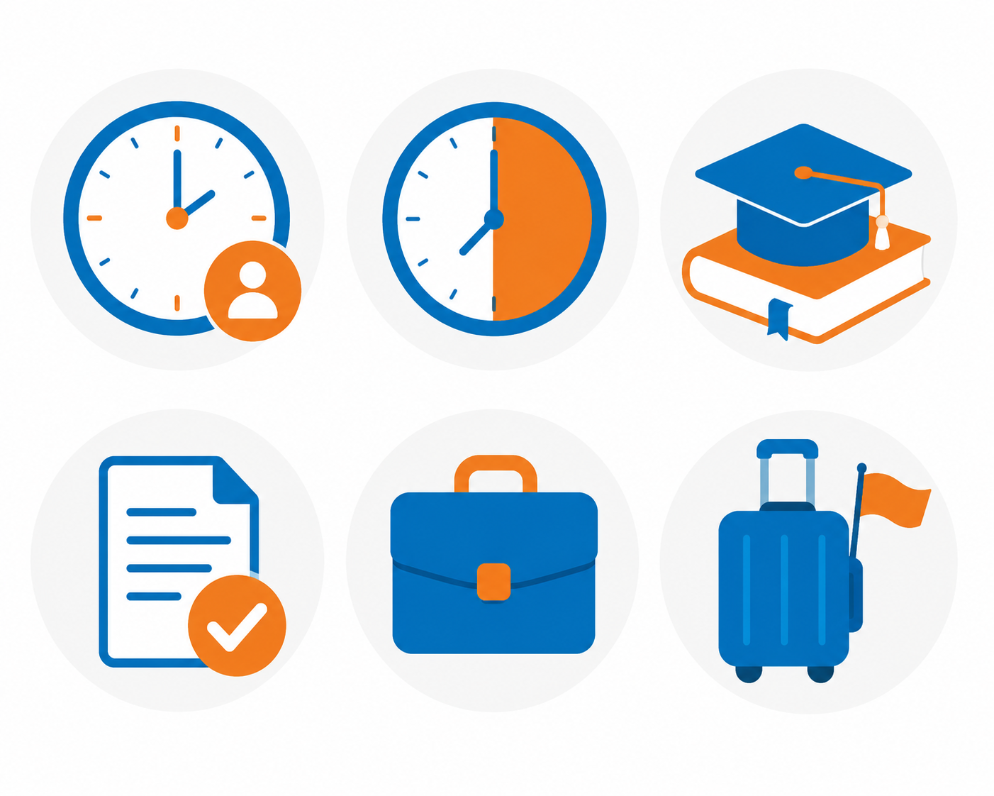 Blue and orange travel icons: clock, checklist, graduation cap, briefcase, and suitcase with flag.