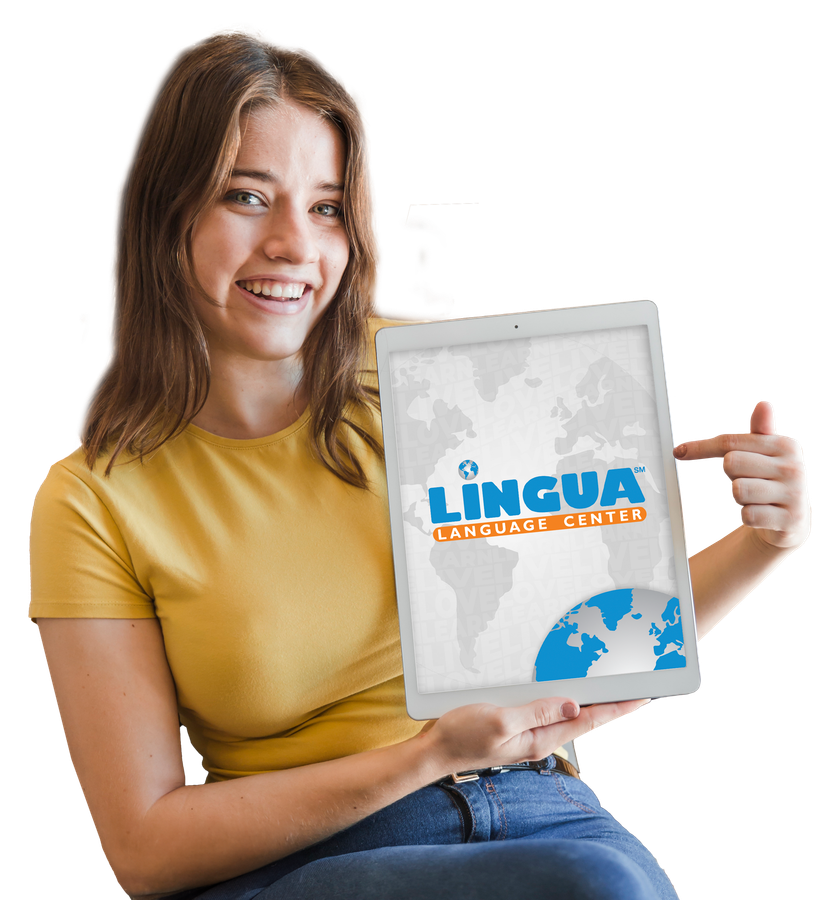 A woman is holding a tablet with the word lingua on it.