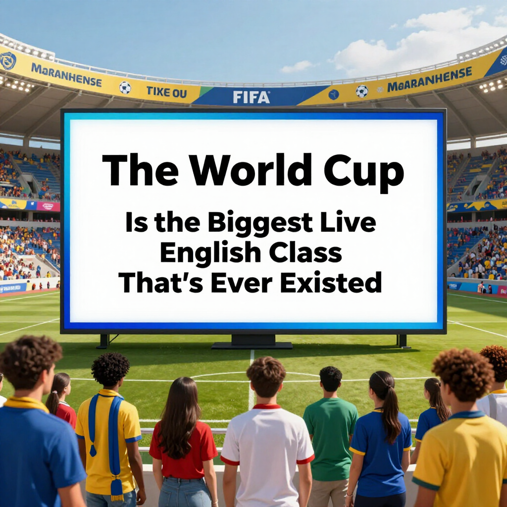 Crowd facing stadium screen with headline: “The World Cup Is the Biggest Live English Class That’s Ever Existed.”