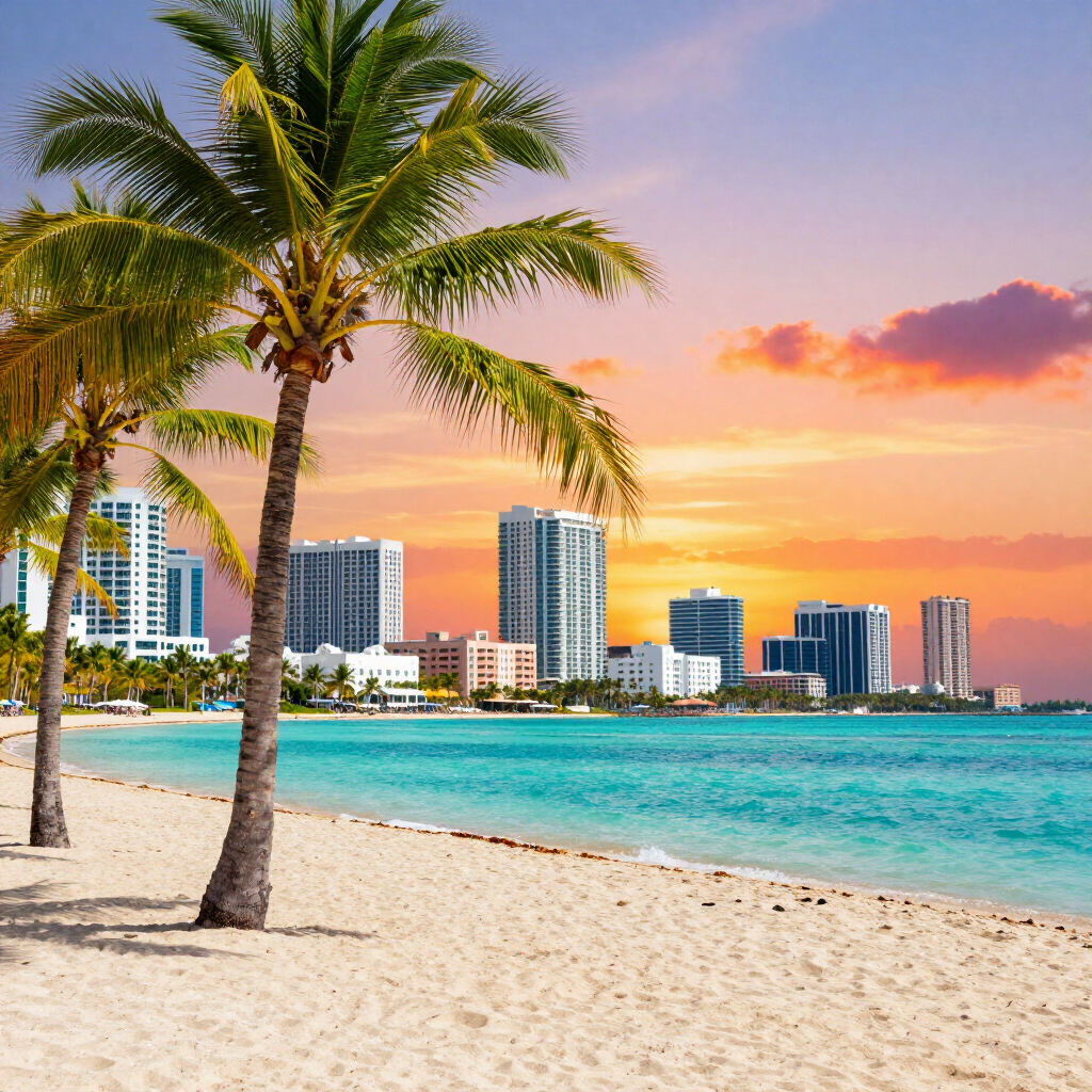 Palm trees on a white-sand beach with turquoise water and city skyline at sunset.