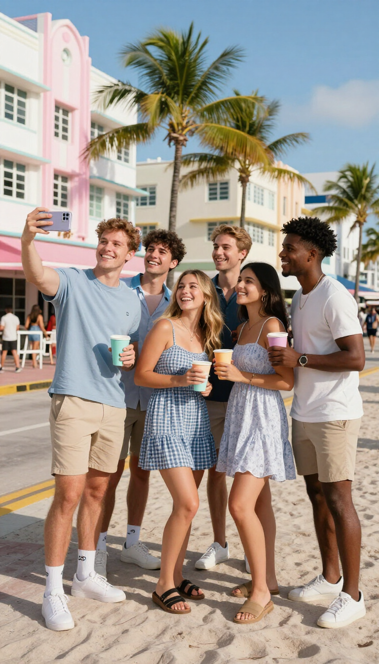 Five friends taking a selfie on a sunny beach promenade with pastel buildings and palm trees