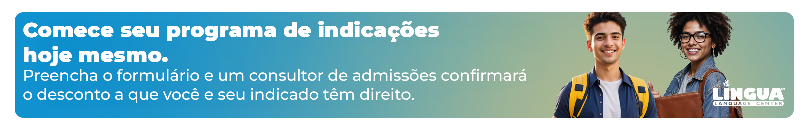 Banner com texto em português sobre educação continuada, mostrando dois alunos em uniforme escolar contra um fundo azul-esverdeado.