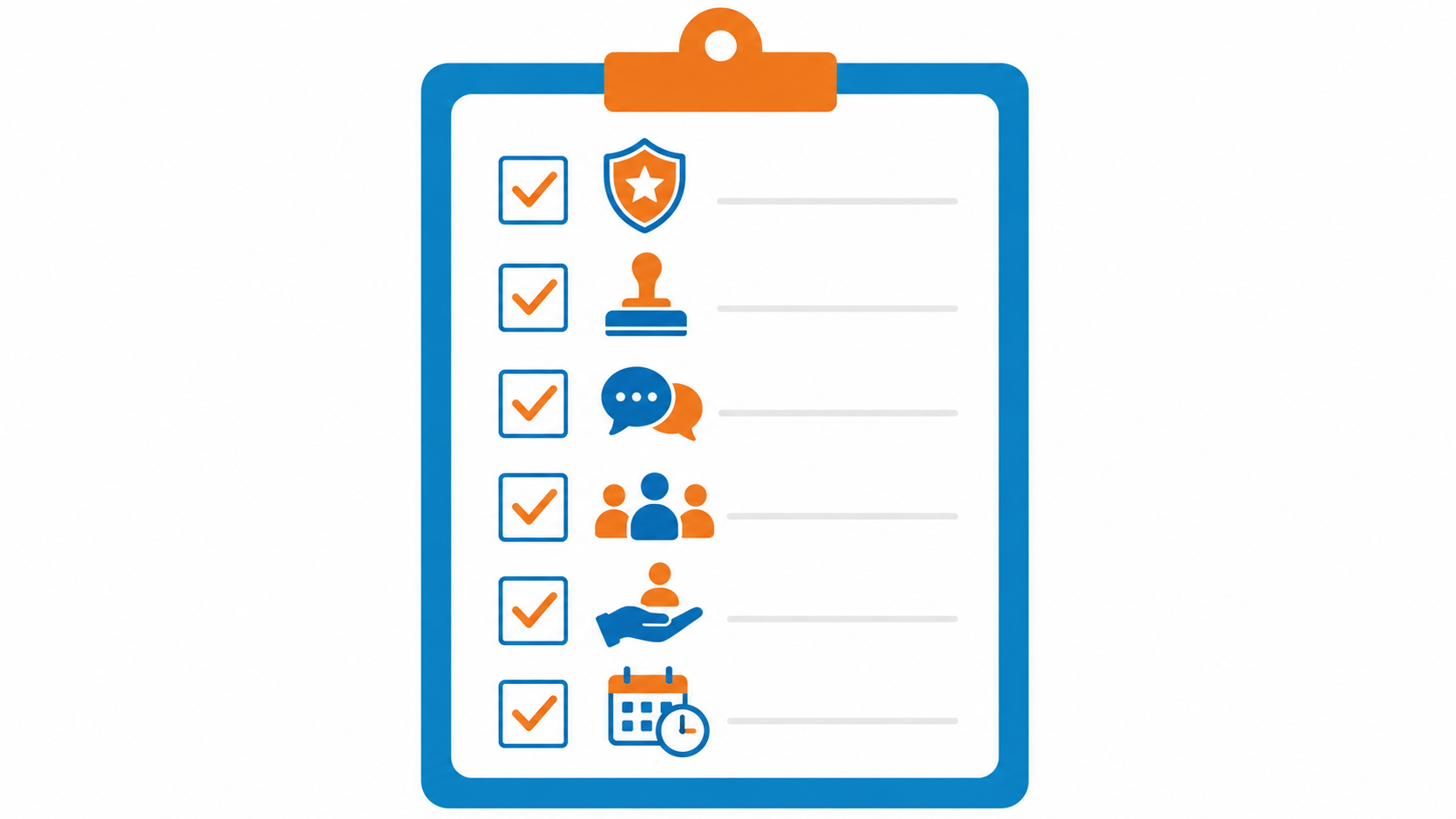 Blue clipboard checklist with orange and blue icons for security, communication, and scheduling tasks