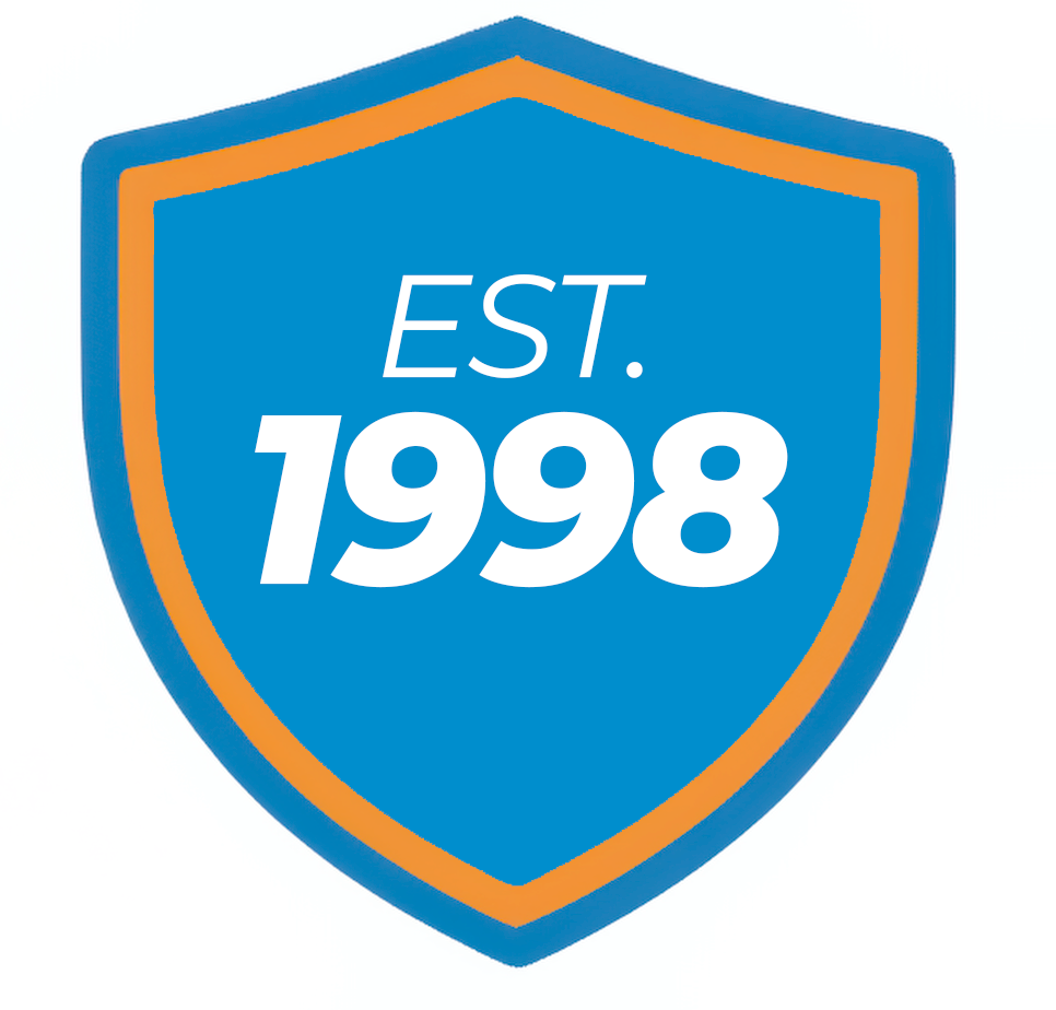 Shield-shaped logo with blue and orange border. 