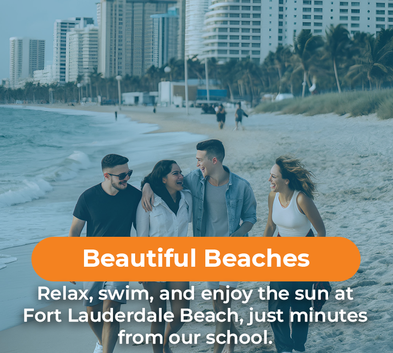 Four people walking on Fort Lauderdale Beach; orange text overlay: