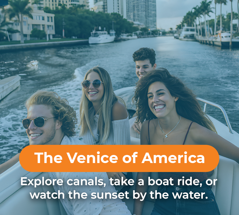 People on a boat ride, enjoying a canal with city buildings in the background. Text reads: