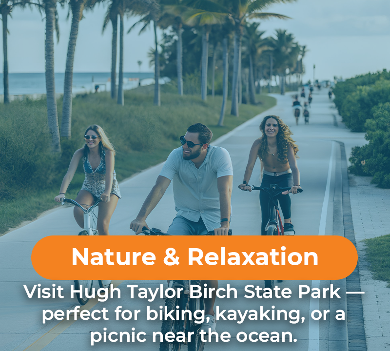 People biking on a path at Hugh Taylor Birch State Park. Orange banner: