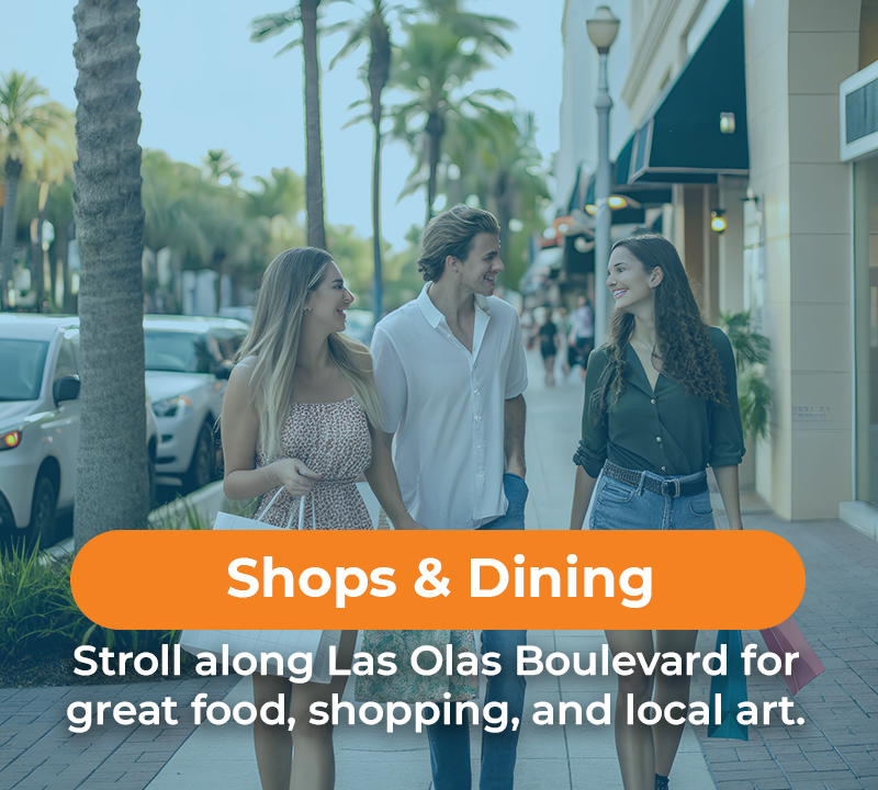 People strolling on Las Olas Boulevard, passing shops. Orange text says