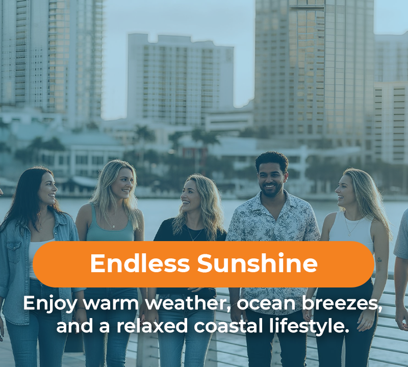 Group of people by a waterfront; orange banner reads