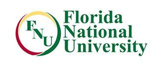 Florida National University logo with green text and red, gold, and green ring