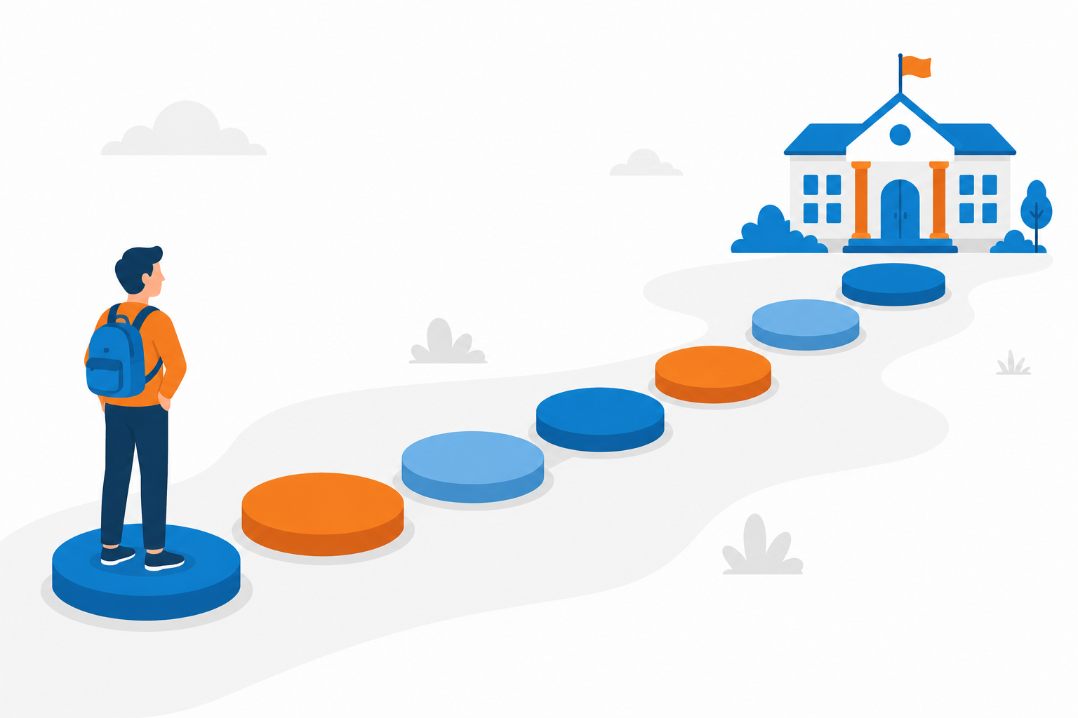 Person stands on blue step toward a house, with orange and blue stepping stones leading ahead