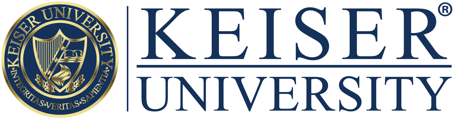 Keiser University logo with blue and gold crest and text on white background