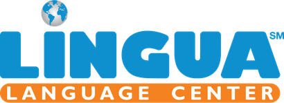 A blue and orange logo for lingua language center