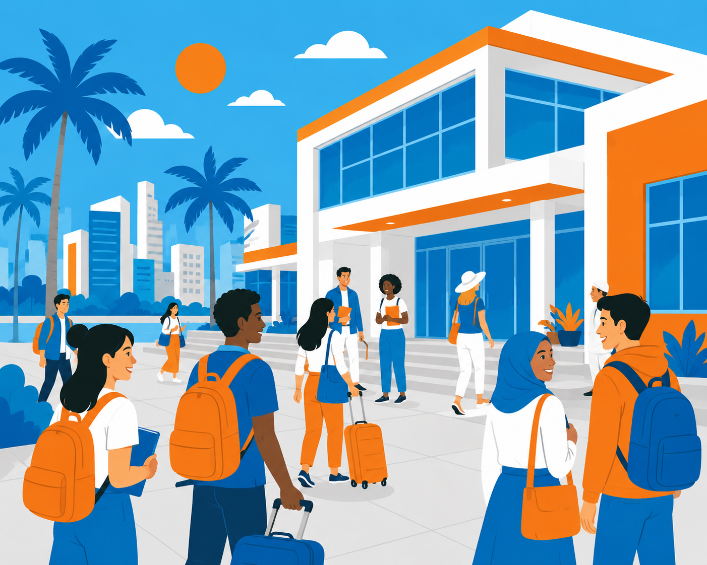 Students with orange backpacks walk toward a modern school building on a sunny day.