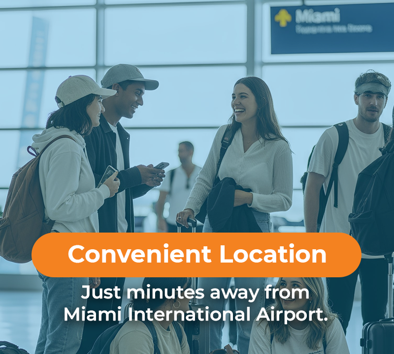 Group of people at Miami airport; smiling, luggage visible, text: