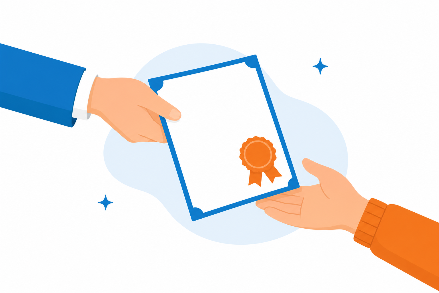 Two hands exchanging a certificate with an orange ribbon seal