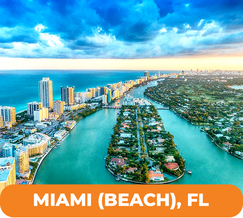 Aerial view of Miami Beach, Florida, with buildings lining the coast and islands in the turquoise water.