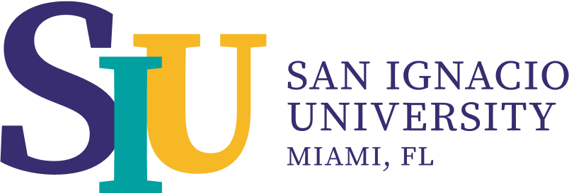 San Ignacio University logo with purple and teal SU letters and Miami, FL text
