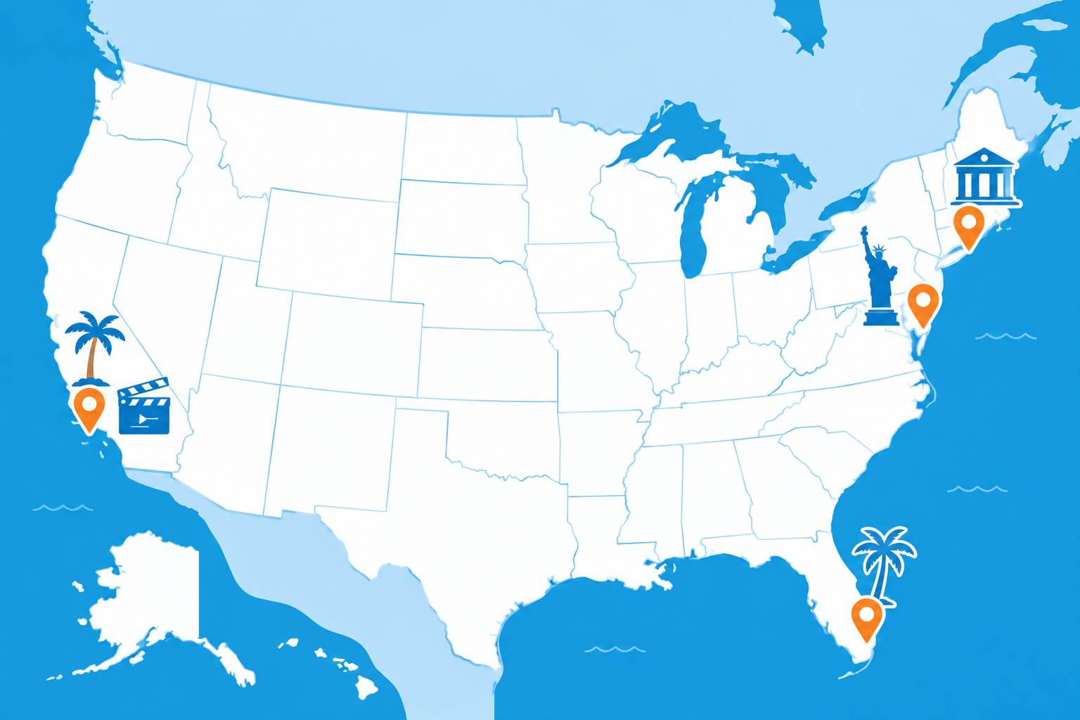 Map of the U.S. with travel icons marking locations on the West Coast, East Coast, and Southeast.