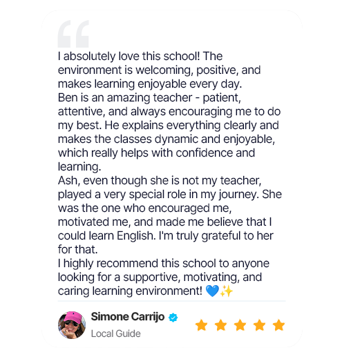 Testimonial about a school with positive feedback, mentioning teachers Ben and Ash.