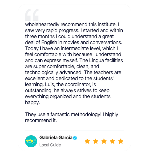 Review of a language institute with a quote and a 5-star rating from Gabriela Garcia.
