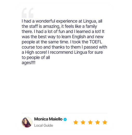 Testimonial: Student review of Lingua, with five-star rating and profile photo.