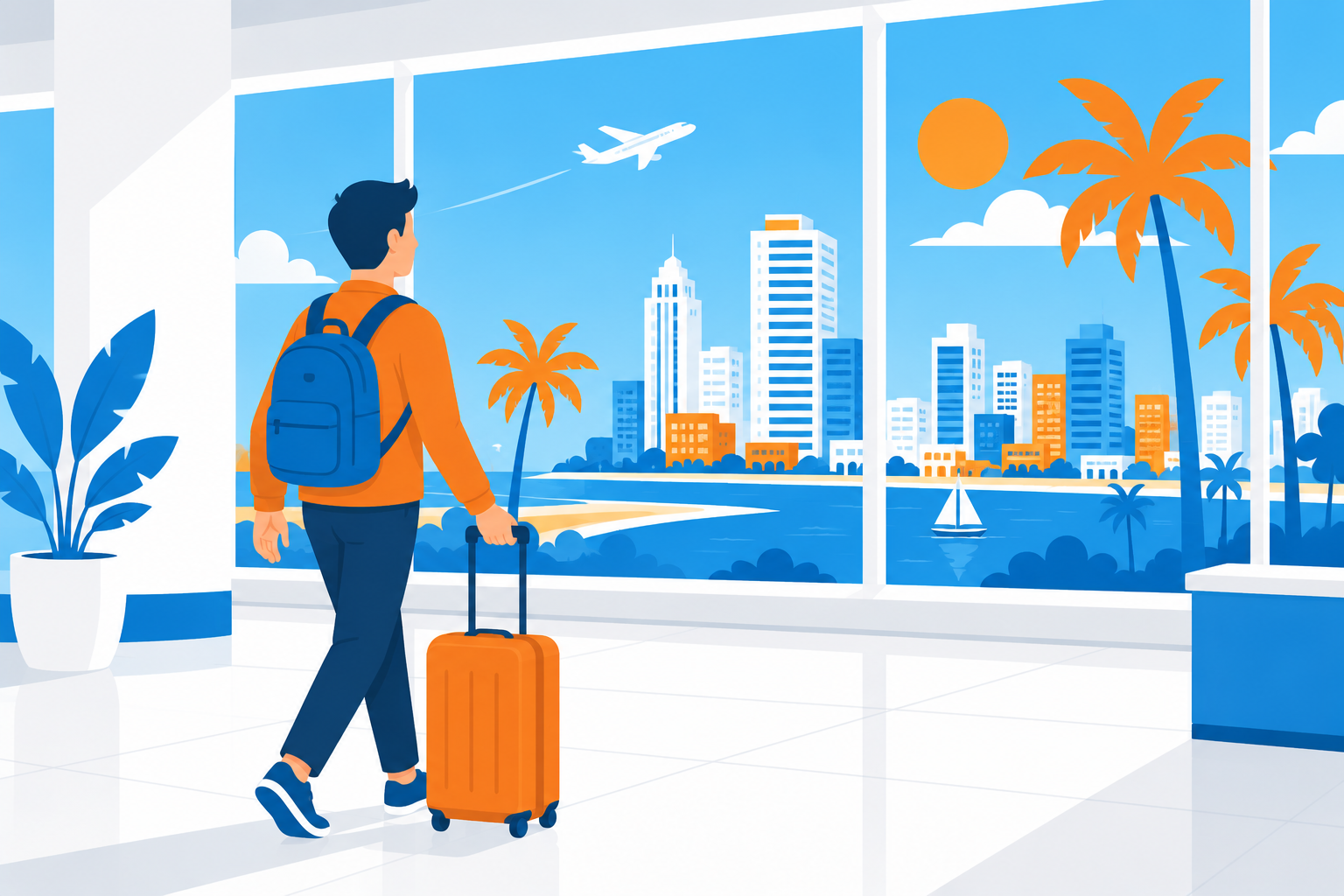 Traveler with orange suitcase and backpack in bright airport lounge, looking at a tropical city skyline.