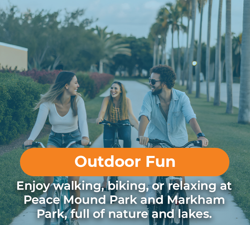 Three people biking and smiling outdoors at Peace Mound and Markham Park. Text says,