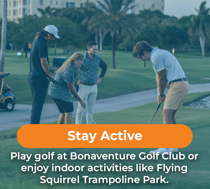 People playing golf on a green course, with a golf cart in the background, text overlay says