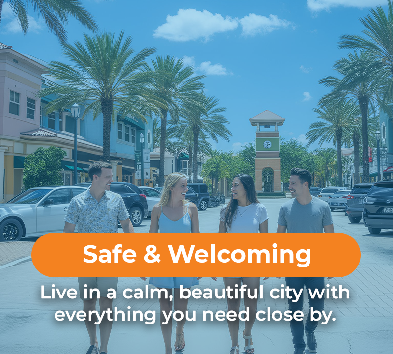 Four people walking on a city street, text