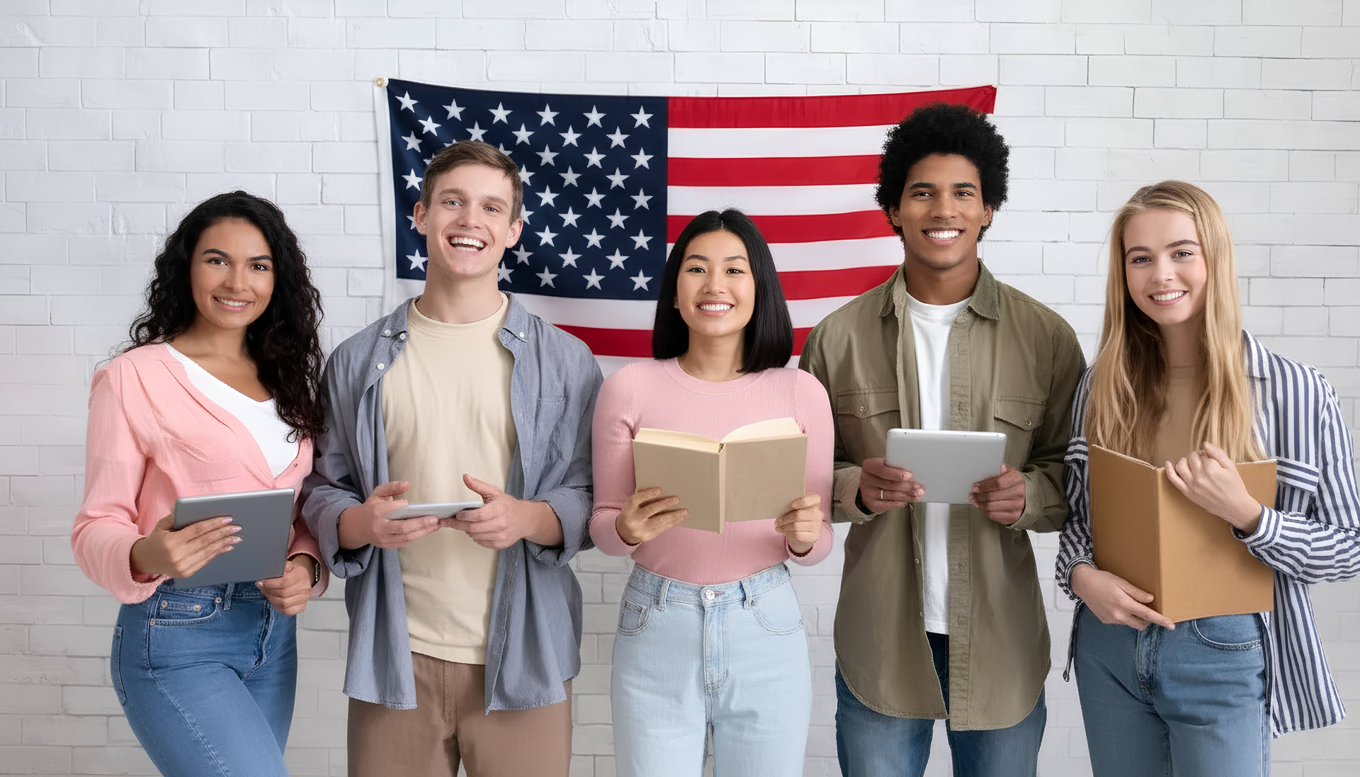 Grupo de estudiantes sonriendo, sosteniendo libros/tabletas, frente a una bandera estadounidense.