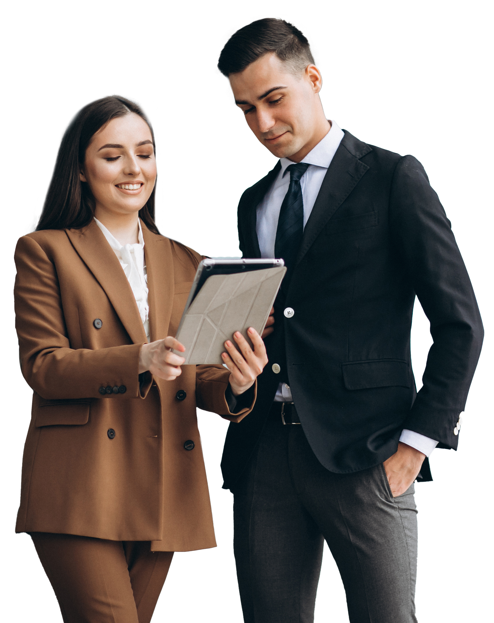 A man and a woman are looking at a tablet together.