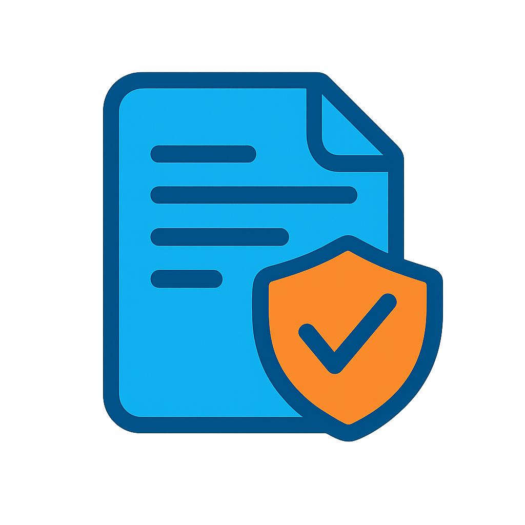 Blue document with orange shield and checkmark, representing secure document.