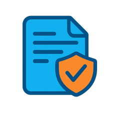 Blue document with orange shield and checkmark, representing secure document.