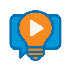 Orange lightbulb with play button inside, in blue speech bubble.