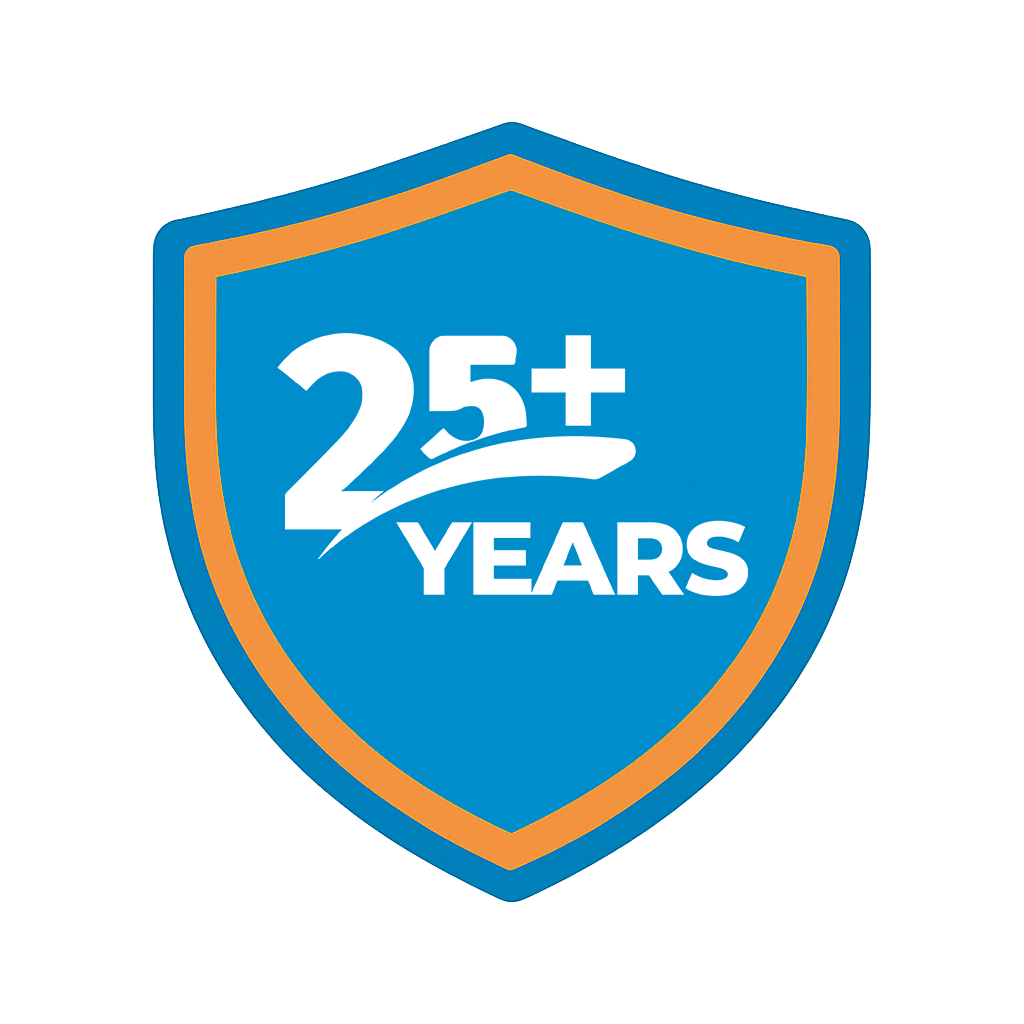 Shield-shaped logo with blue and orange border. 