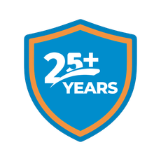Shield-shaped logo with blue and orange border. 