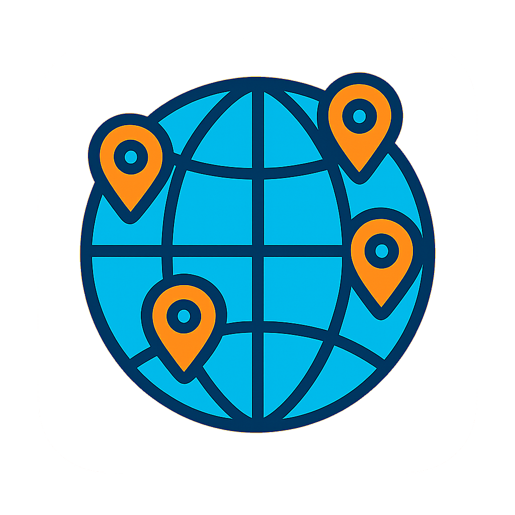 Blue globe with orange location pins.