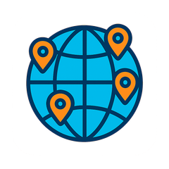 Blue globe with orange location pins.