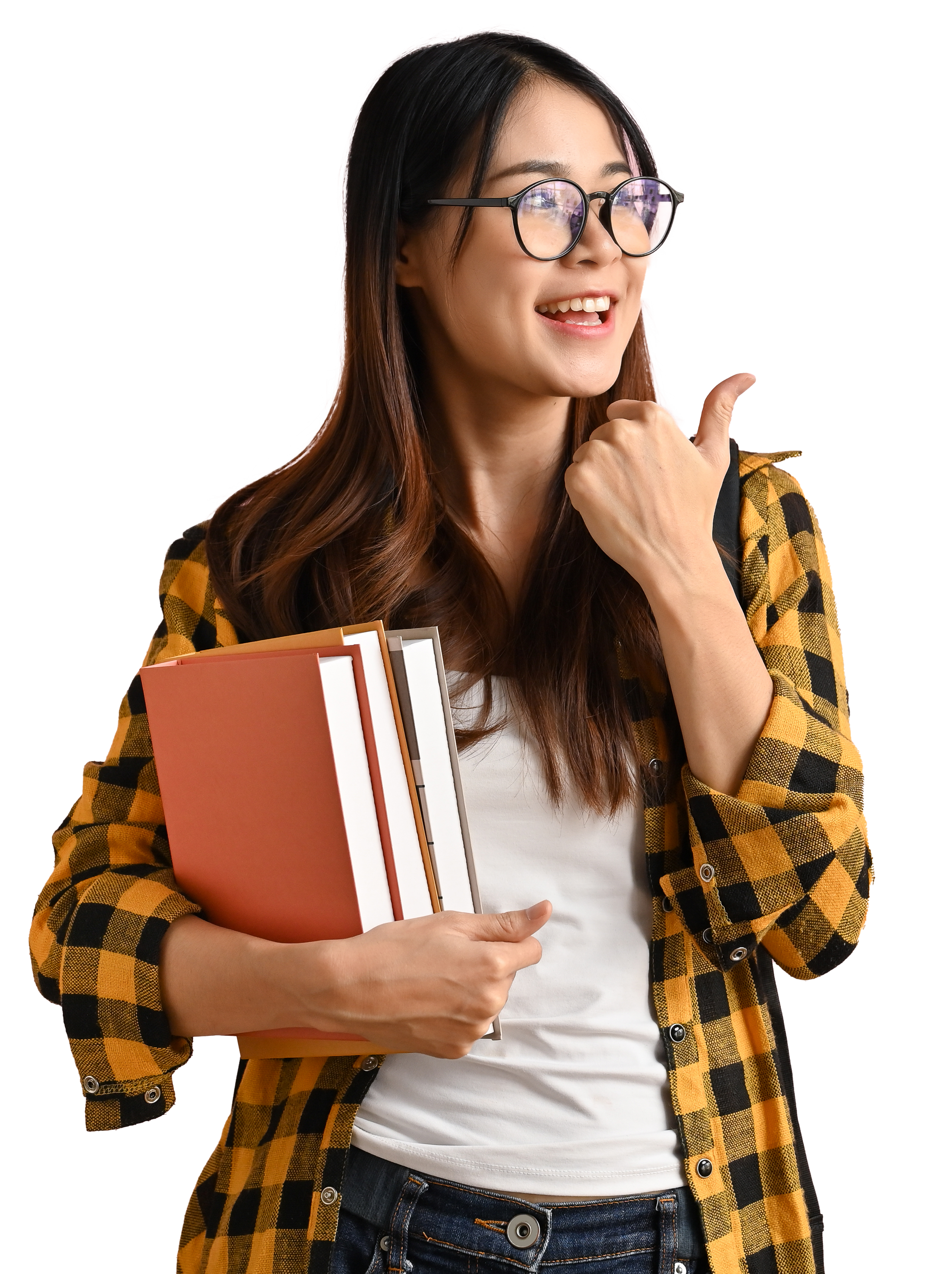 A woman wearing glasses is holding a stack of books and giving a thumbs up.