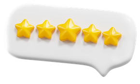 A white speech bubble with five yellow stars on it.