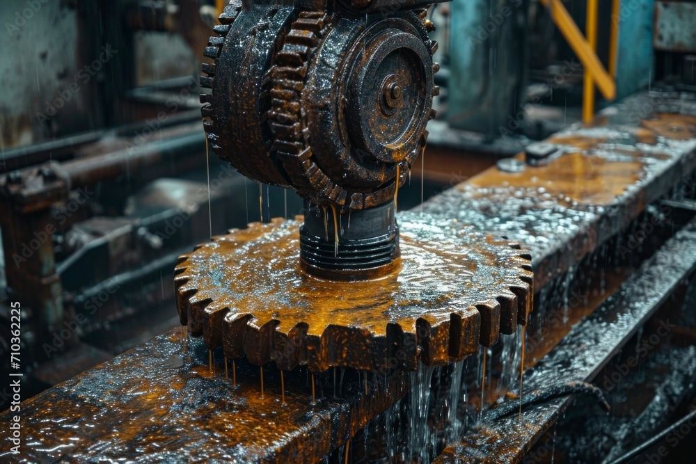 Un gros plan d'un engrenage rouillé sur une machine dans une usine.