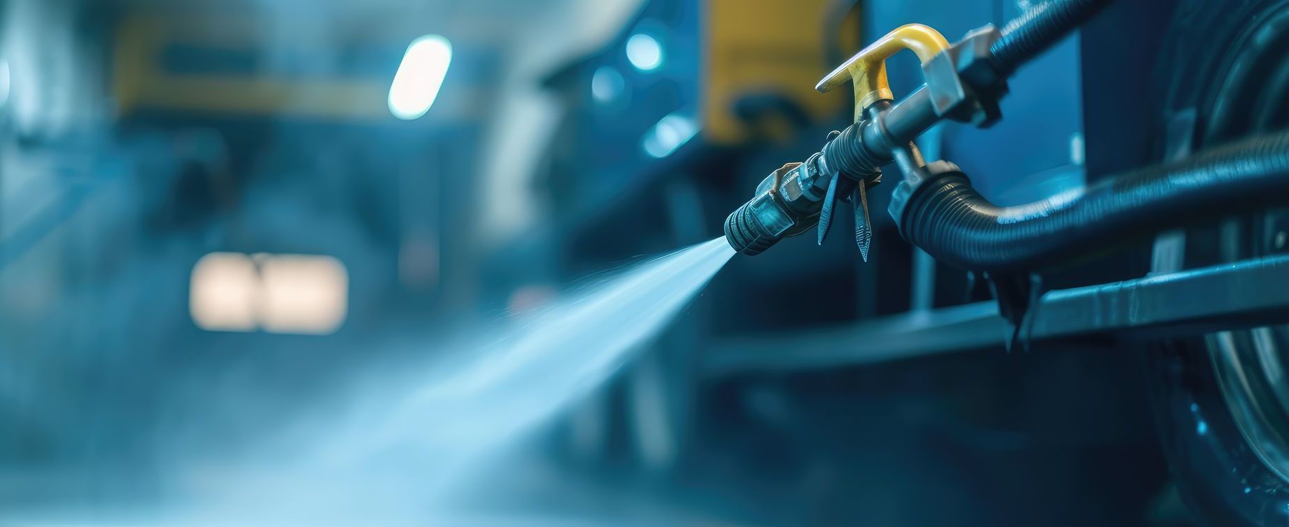 Un gros plan d'un nettoyeur haute pression pulvérisant de l'eau sur un véhicule.