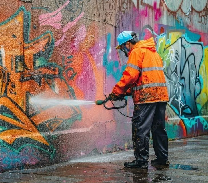 Un homme pulvérise des graffitis sur un mur avec un nettoyeur haute pression.