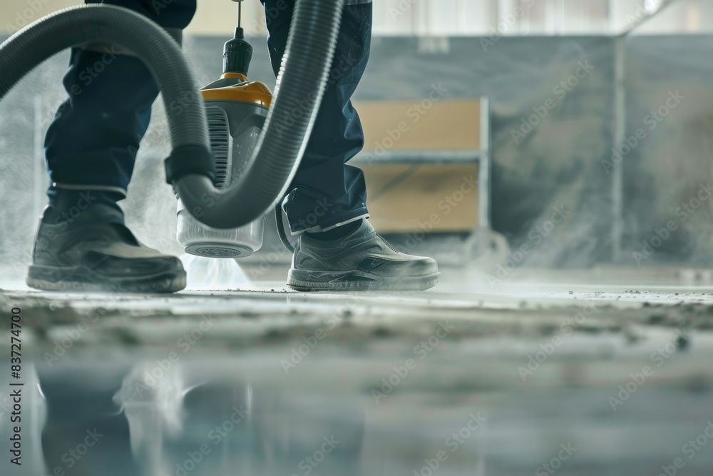 Un homme utilise un aspirateur pour nettoyer un sol en béton.