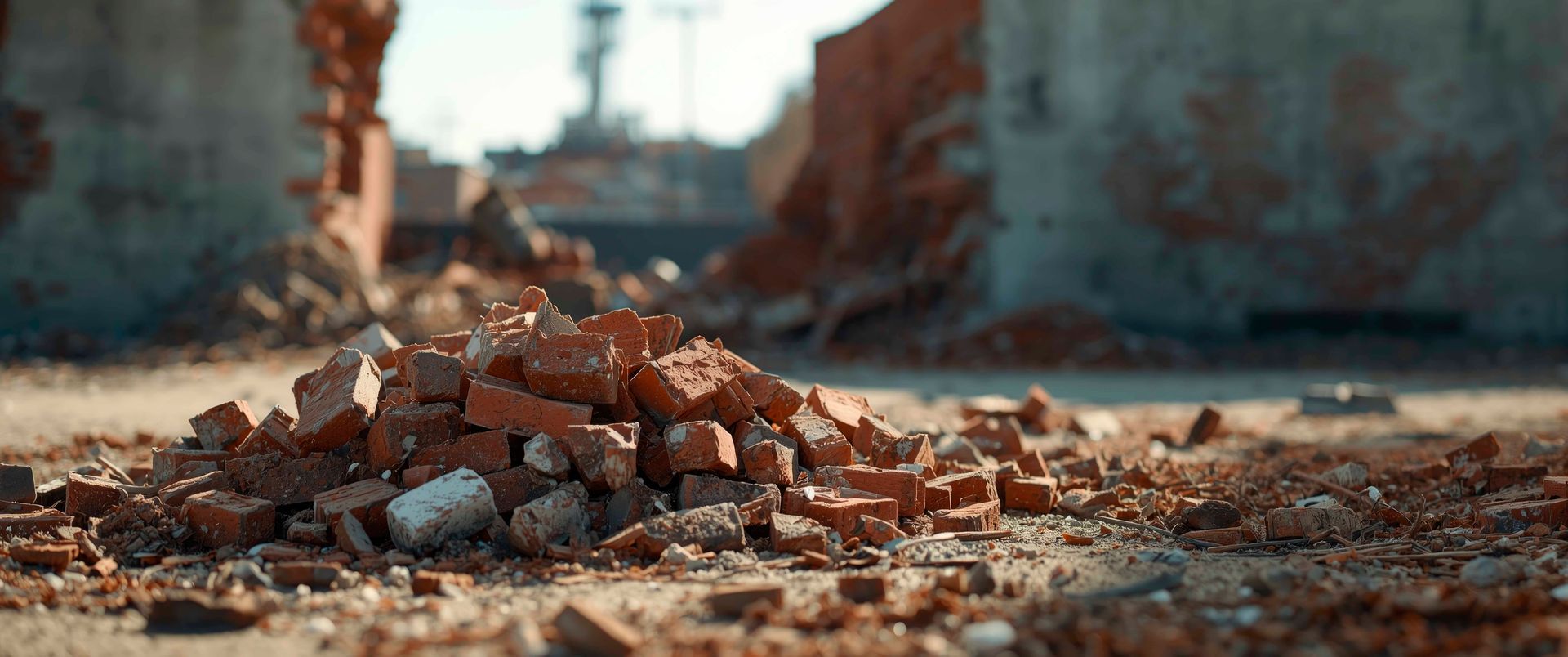Un tas de briques rouges sur une surface sablonneuse, avec les ruines d'un bâtiment en arrière-plan.