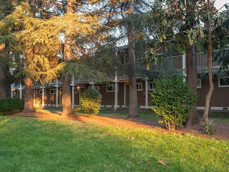 Exterior view of a multifamily building with trees and a lawn.