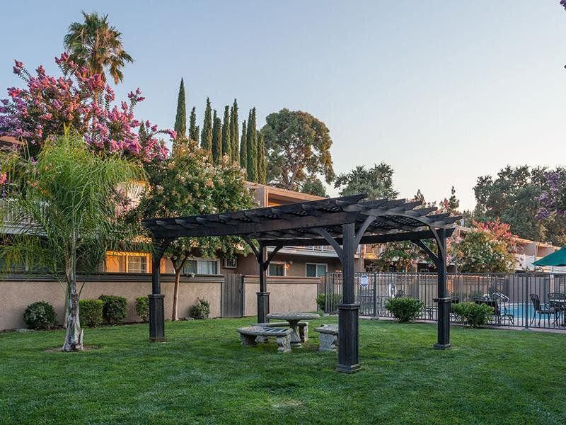 Outdoor lawn with a dark wooden pergola, stone picnic table, and a pool in the background.