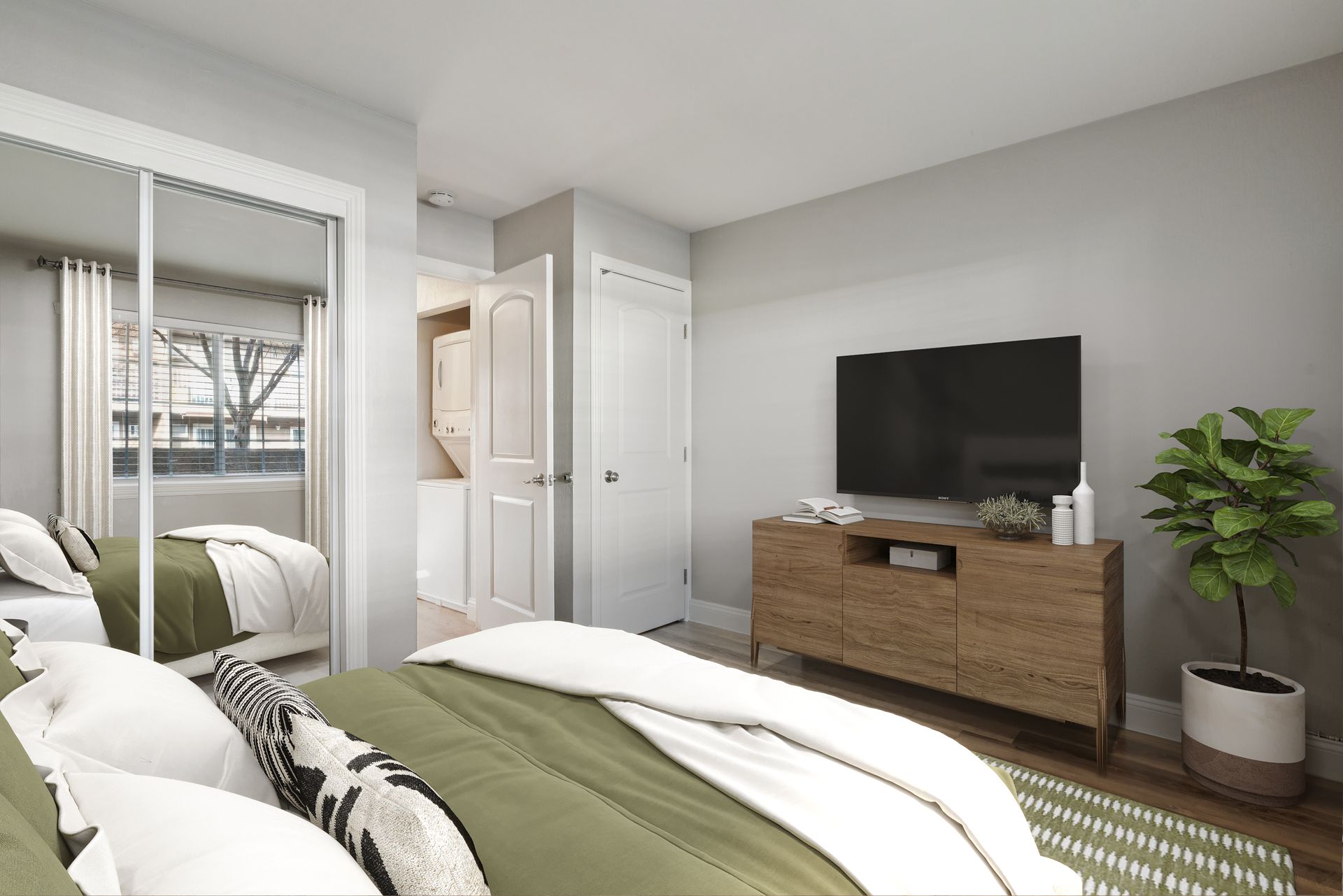 Bedroom with a bed, TV, wooden dresser, and a potted plant. A mirrored closet is visible.