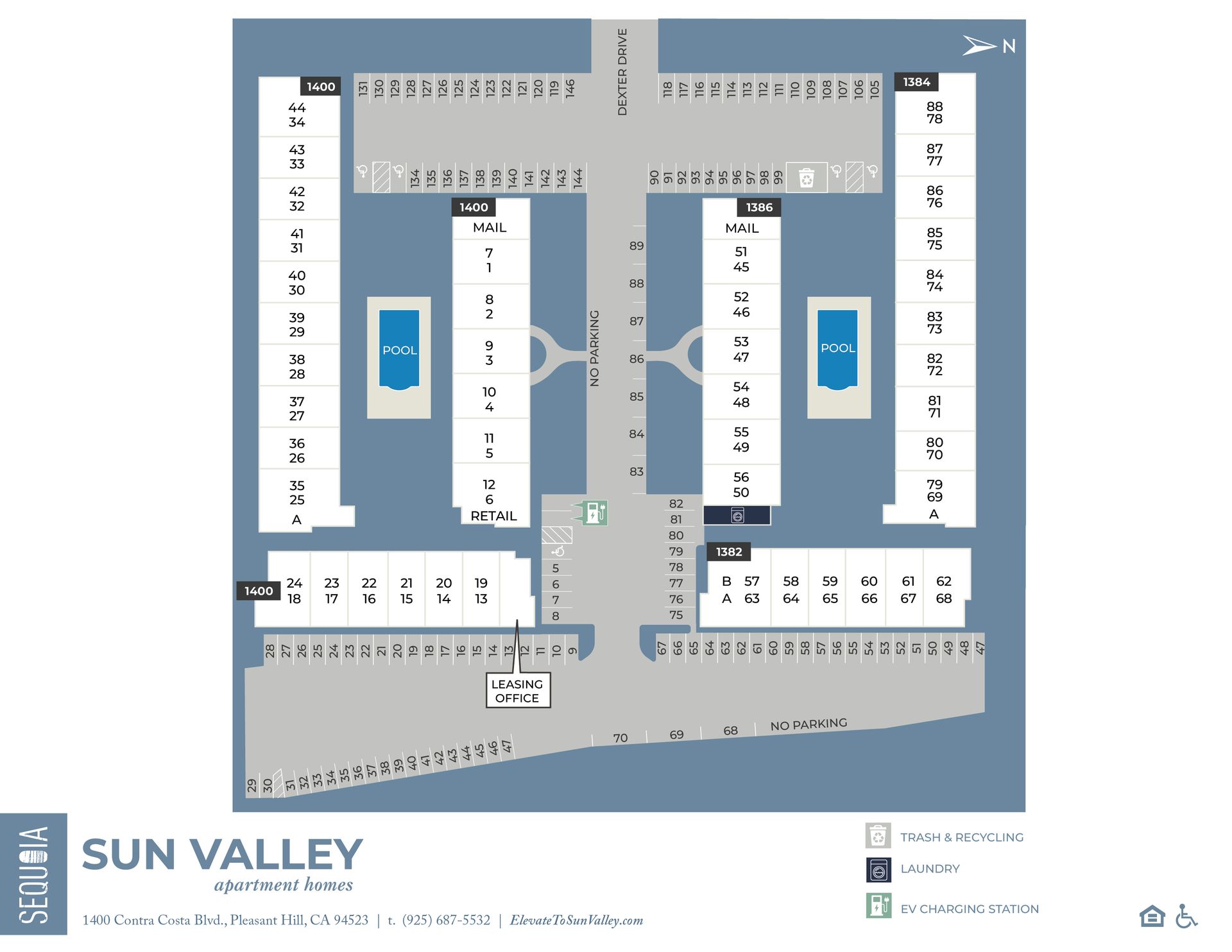 Sun Valley apartment complex floor plan with units, parking, pools, and accessibility symbols.